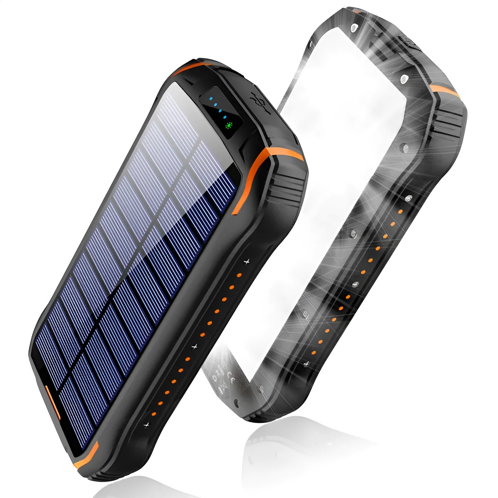 Orange solar power bank with LED camping light showing size compared to mobile phone