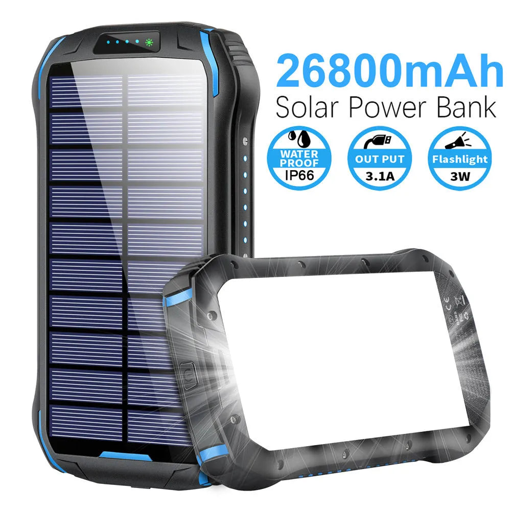 Orange solar power bank with LED camping light showing size compared to mobile phone