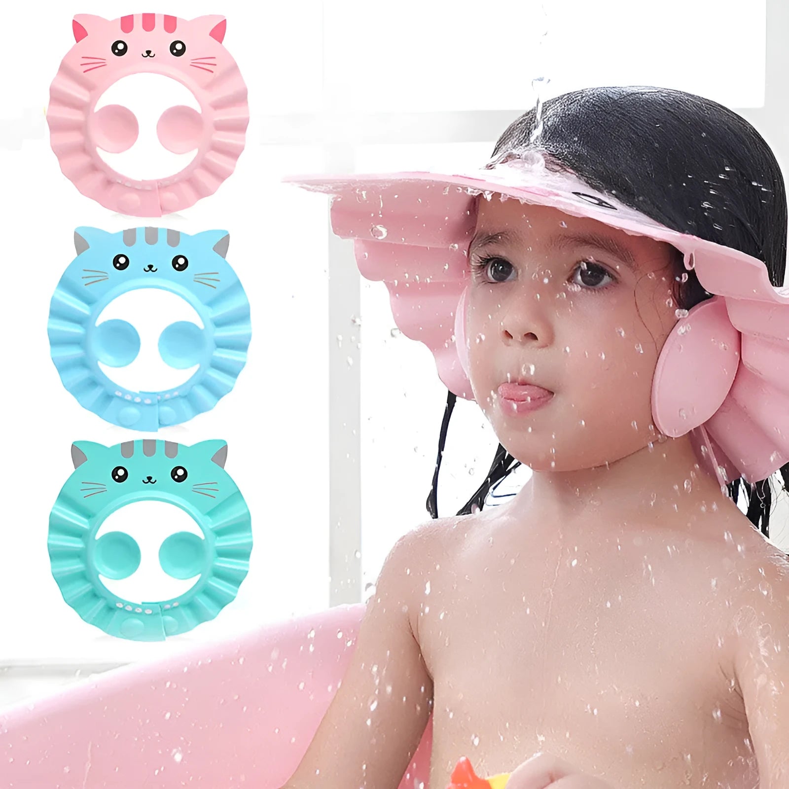 Adjustable baby shower cap with ear protectors in soft EVA material, shown in blue.