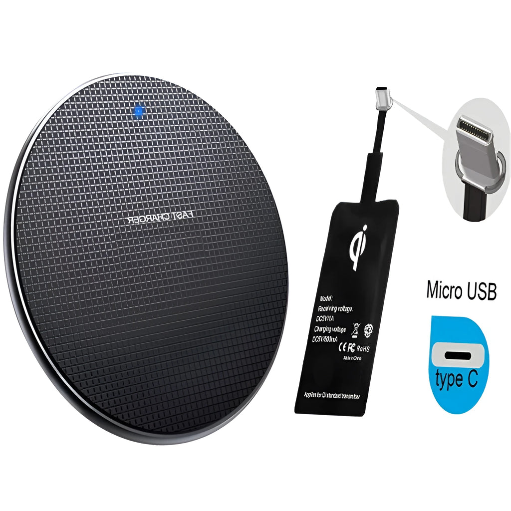 Circular aluminium alloy wireless charging pad with Micro USB cable and Qi receiver