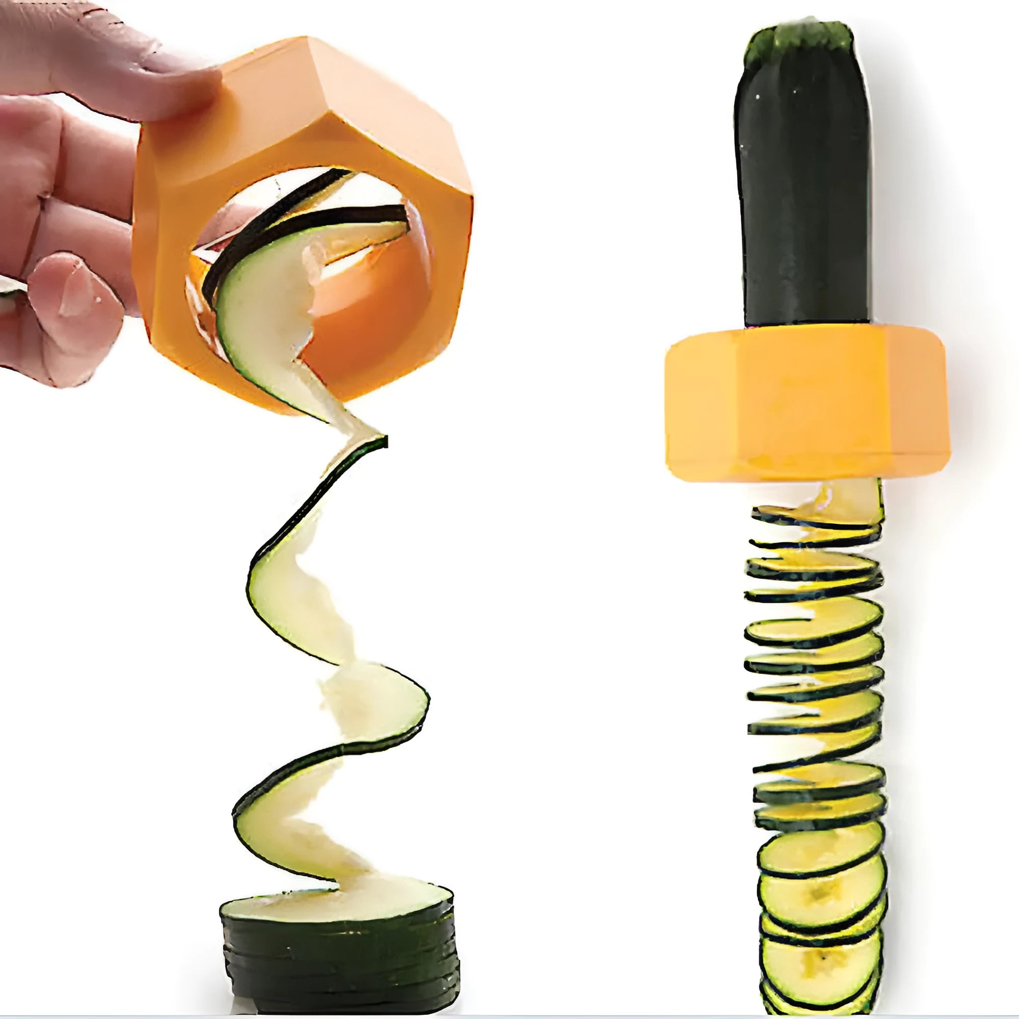Yellow and green plastic spiral vegetable cutter for slicing cucumbers on a kitchen counter.