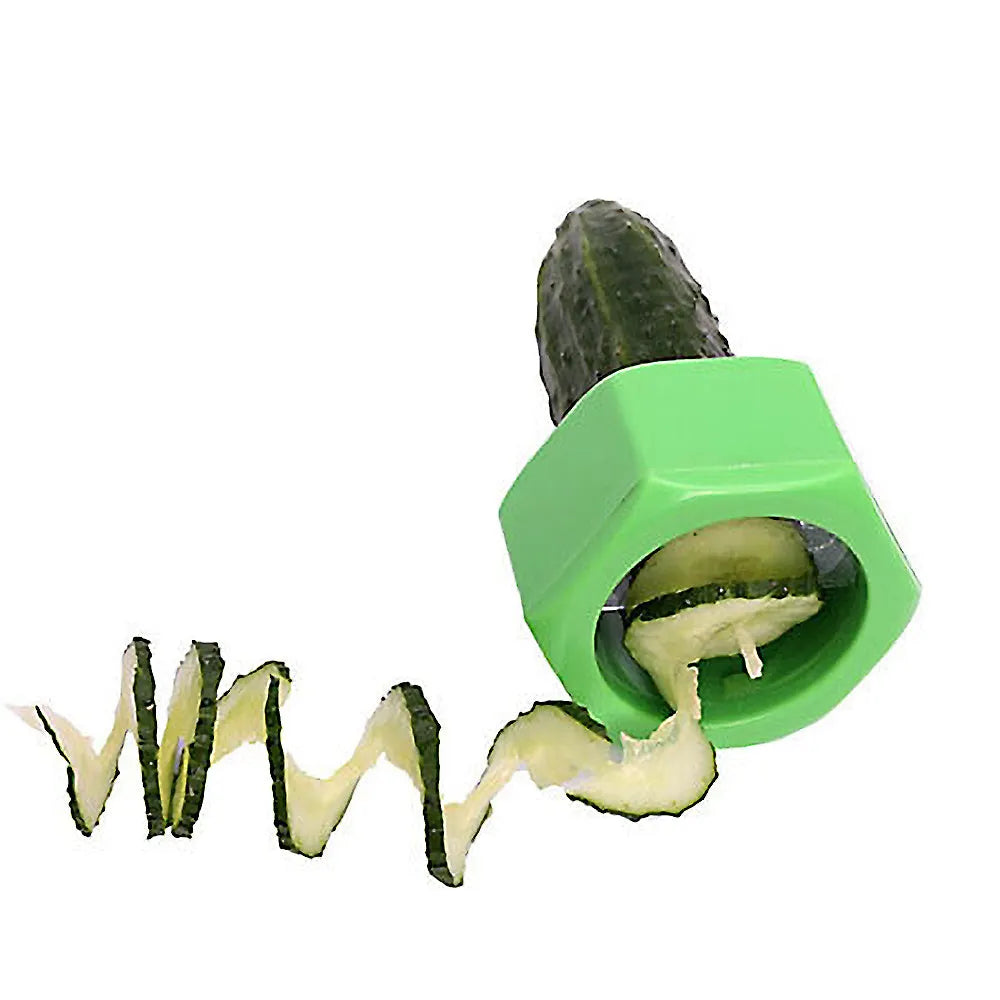 Yellow and green plastic spiral vegetable cutter for slicing cucumbers on a kitchen counter.
