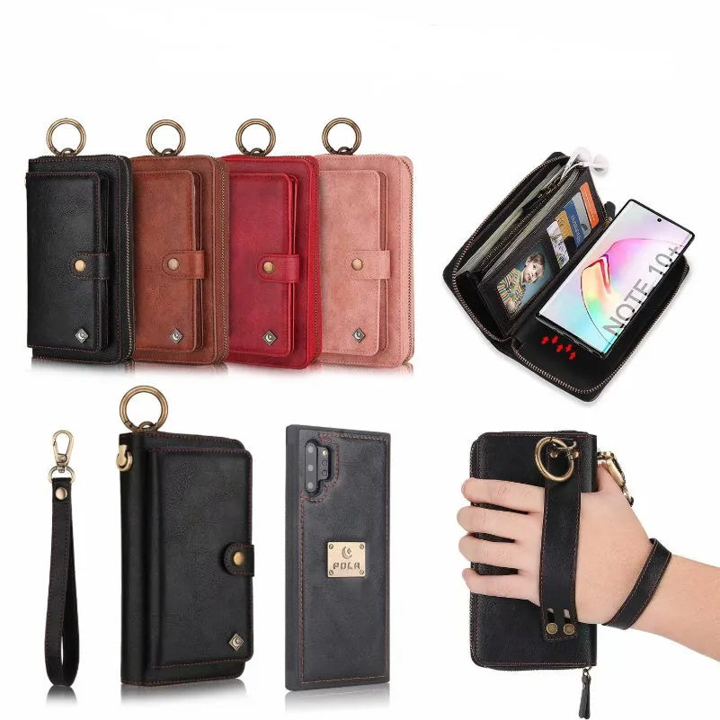 Black PU leather mobile phone wallet case with zip closure, shown next to cards for Samsung and iPhone models.