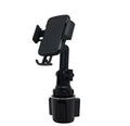Black car phone holder with 360-degree rotating head and adjustable height on a car dashboard.