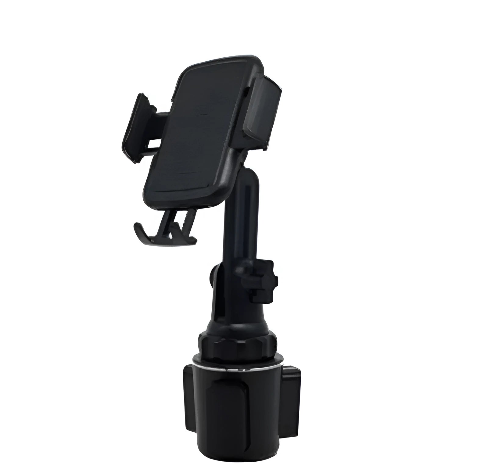 Black car phone holder with 360-degree rotating head and adjustable height on a car dashboard.