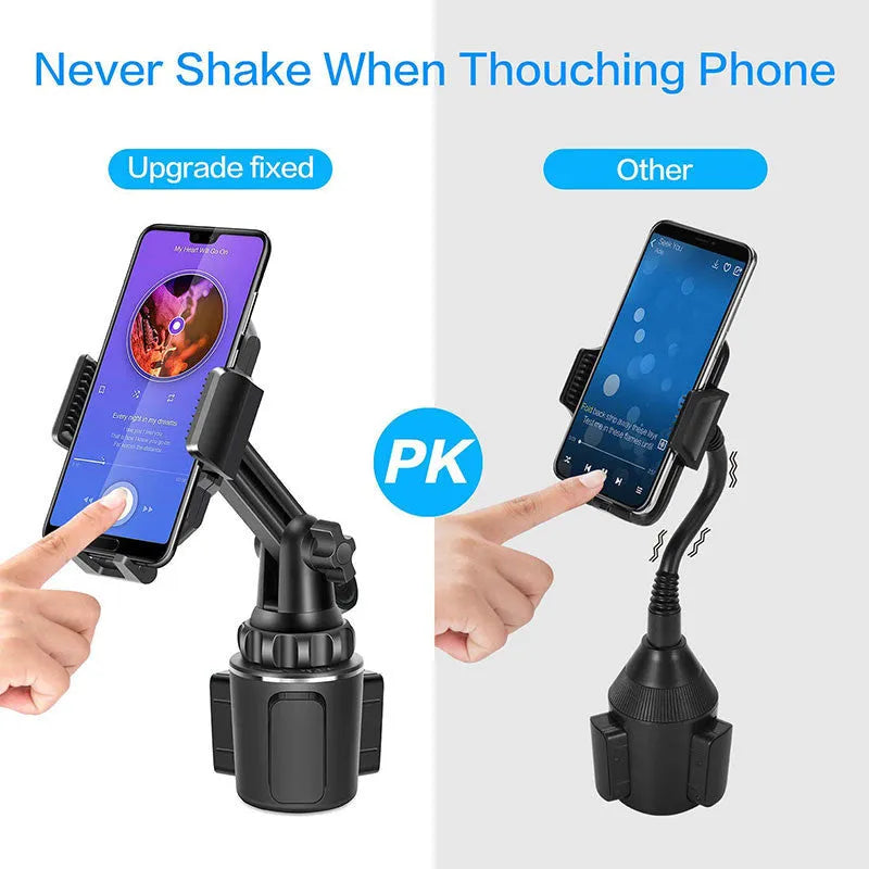Black car phone holder with 360-degree rotating head and adjustable height on a car dashboard.