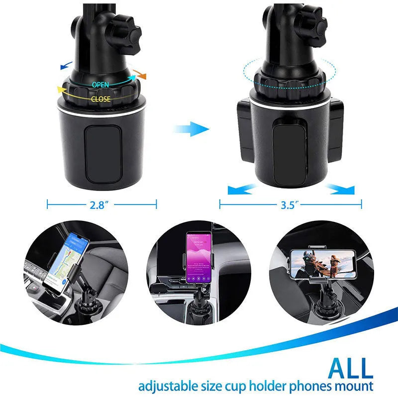 Black car phone holder with 360-degree rotating head and adjustable height on a car dashboard.