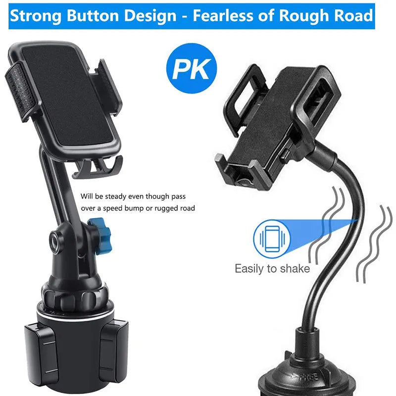Black car phone holder with 360-degree rotating head and adjustable height on a car dashboard.
