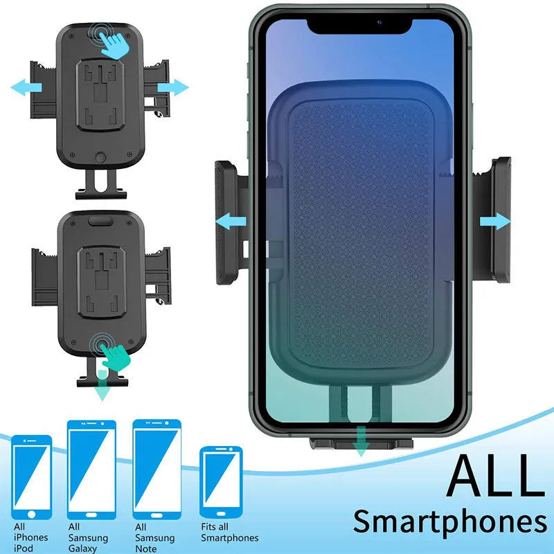Black car phone holder with 360-degree rotating head and adjustable height on a car dashboard.