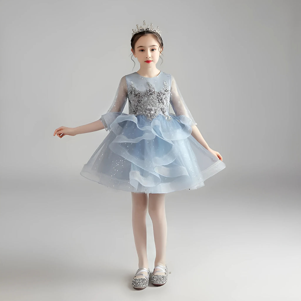 Children's princess evening dress for older girls, polyester, blue long style, size 100-160cm