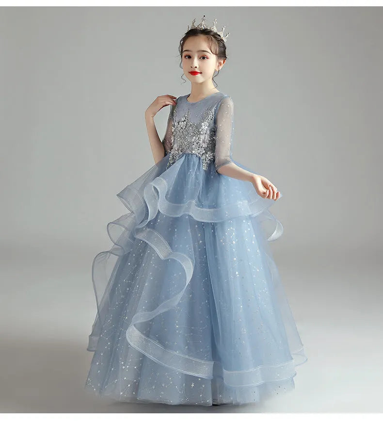 Children's princess evening dress for older girls, polyester, blue long style, size 100-160cm