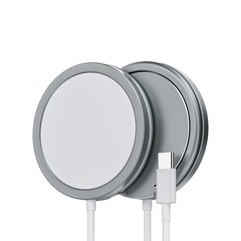 Magnetic wireless charger phone holder for iPhone, 15W fast charge, grey silver or black desk stand