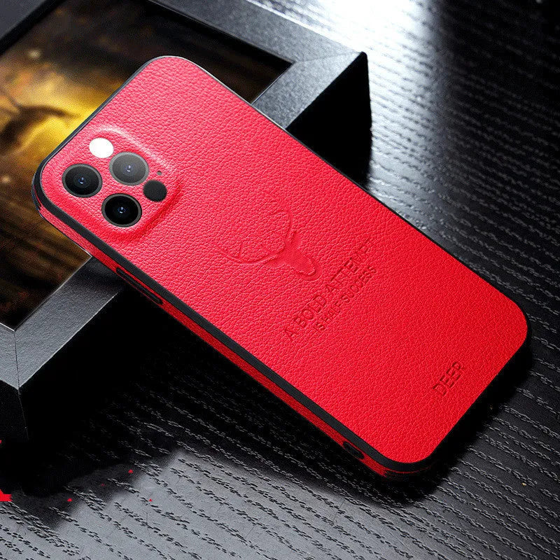 Leather texture square frame iPhone 12 case showing camera protection and shockproof design