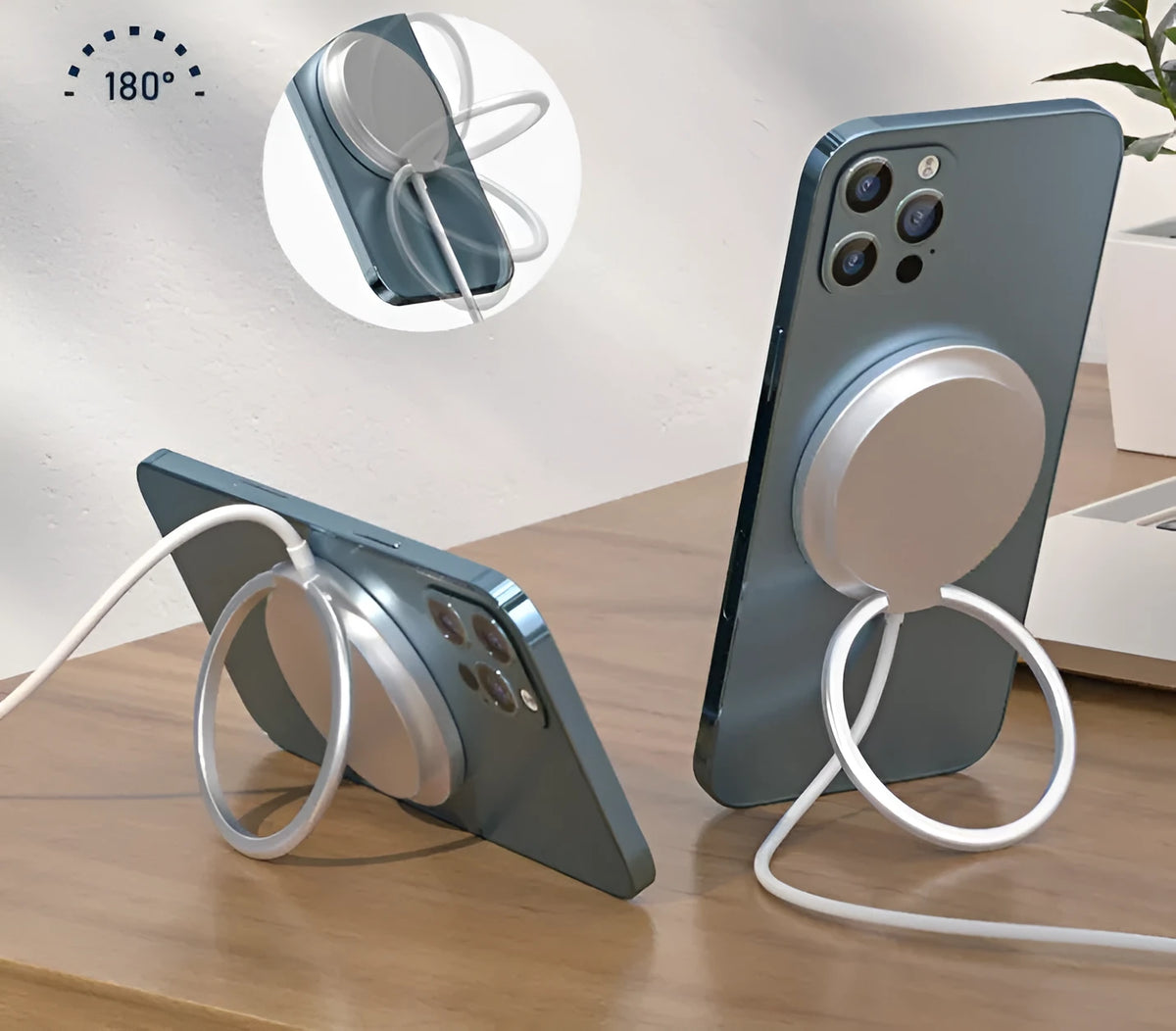Magnetic wireless charger phone holder for iPhone, 15W fast charge, grey silver or black desk stand