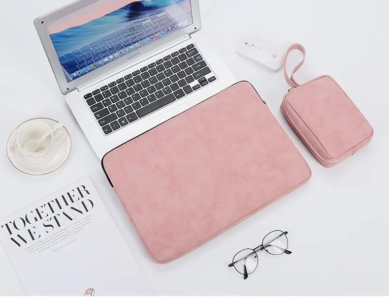 Flat PU leather laptop bag liner clutch case in black, grey, or pink with soft handle and zipper.
