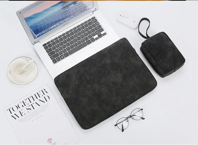 Flat PU leather laptop bag liner clutch case in black, grey, or pink with soft handle and zipper.