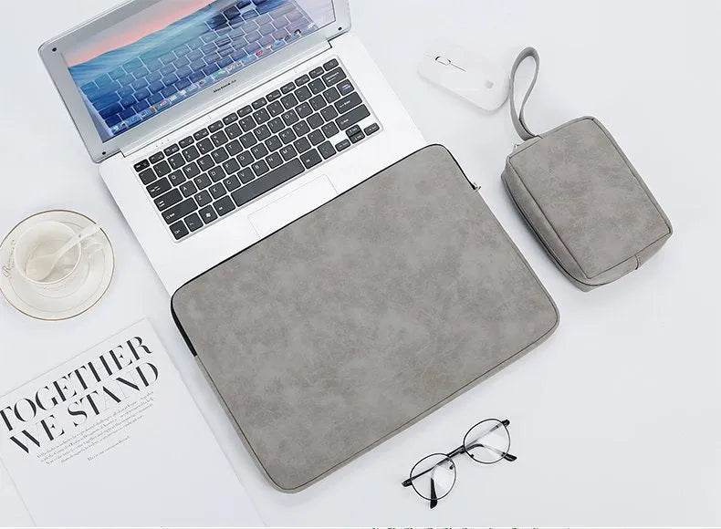 Flat PU leather laptop bag liner clutch case in black, grey, or pink with soft handle and zipper.