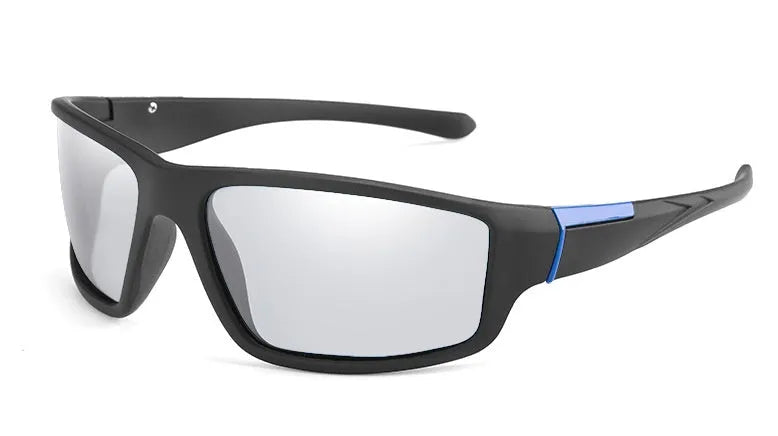 Matte black sport sunglasses with polarized TAC lenses and plastic frame, available in blue, green, red, and white.