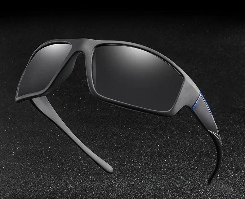 Matte black sport sunglasses with polarized TAC lenses and plastic frame, available in blue, green, red, and white.