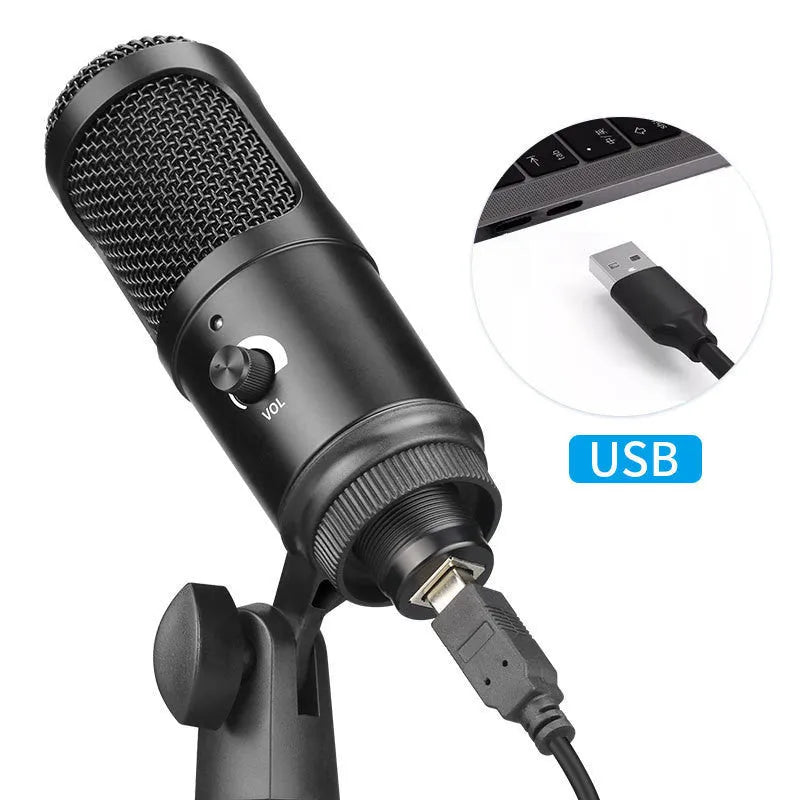 Black wireless USB condenser microphone with heart-shaped pickup pattern and mounting bracket