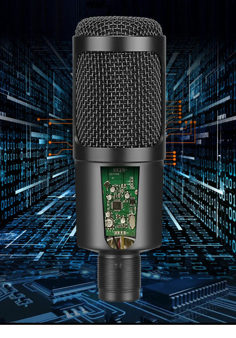 Black wireless USB condenser microphone with heart-shaped pickup pattern and mounting bracket