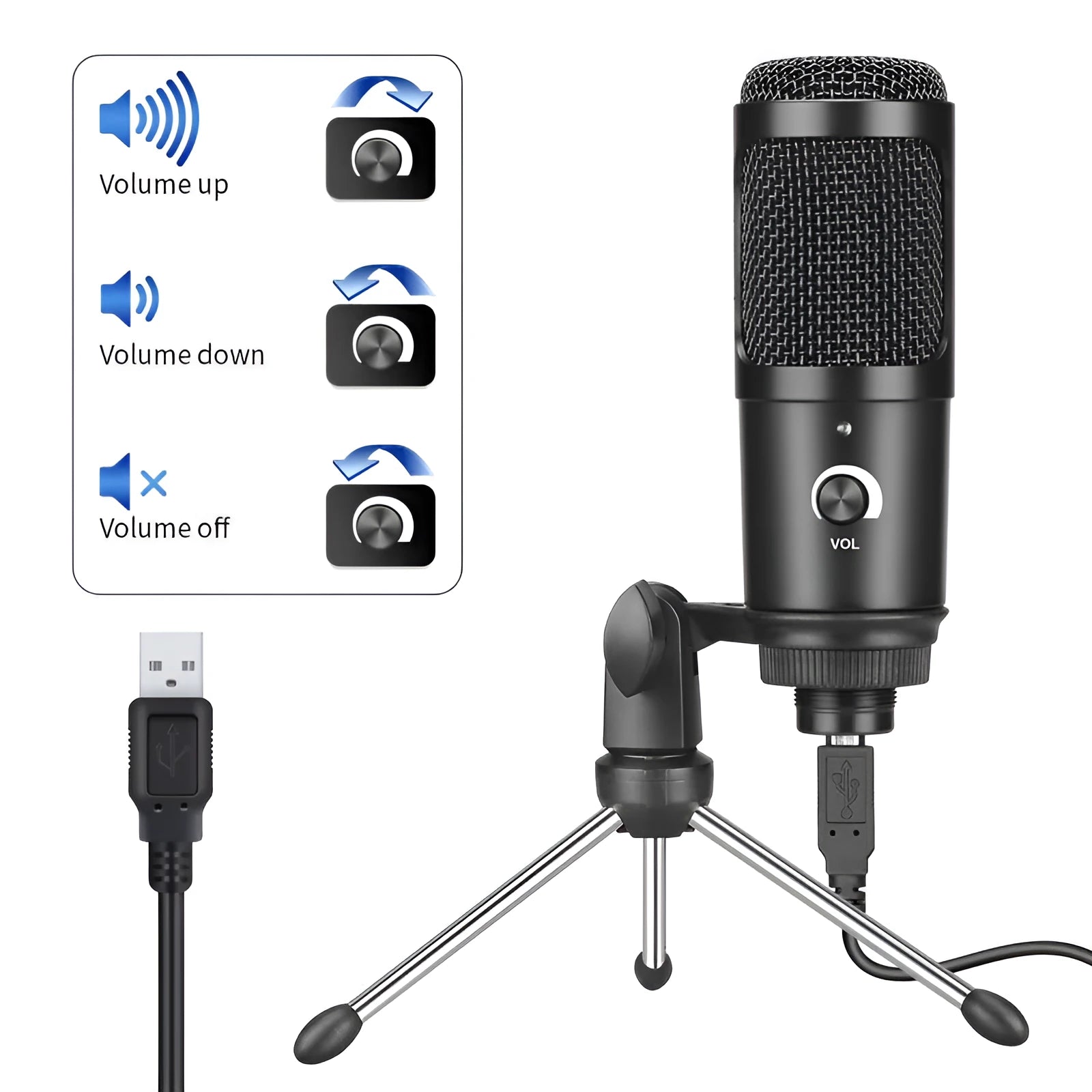Black wireless USB condenser microphone with heart-shaped pickup pattern and mounting bracket