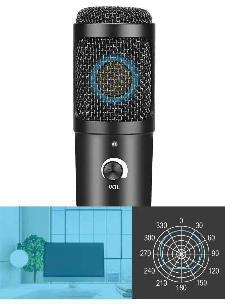 Black wireless USB condenser microphone with heart-shaped pickup pattern and mounting bracket