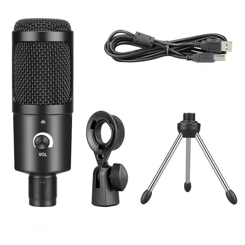 Black wireless USB condenser microphone with heart-shaped pickup pattern and mounting bracket
