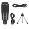 Black wireless USB condenser microphone with heart-shaped pickup pattern and mounting bracket