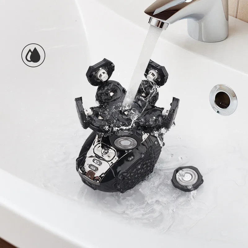 Men's rechargeable electric shaver with IPX6 waterproof rating, USB charging, and 90-minute runtime, in five in one or stand alone model