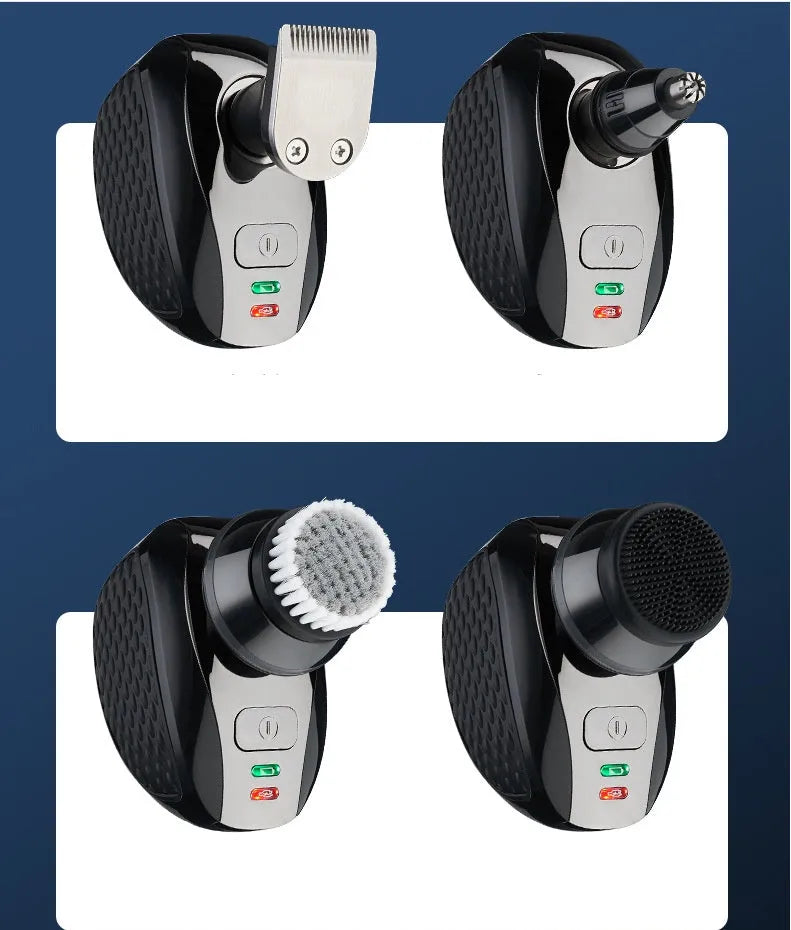 Men's rechargeable electric shaver with IPX6 waterproof rating, USB charging, and 90-minute runtime, in five in one or stand alone model