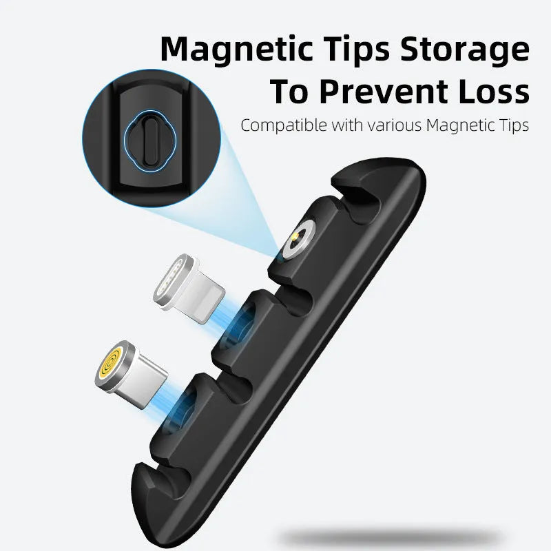 Black soft plastic desktop stand organiser for a magnetic charging cable.