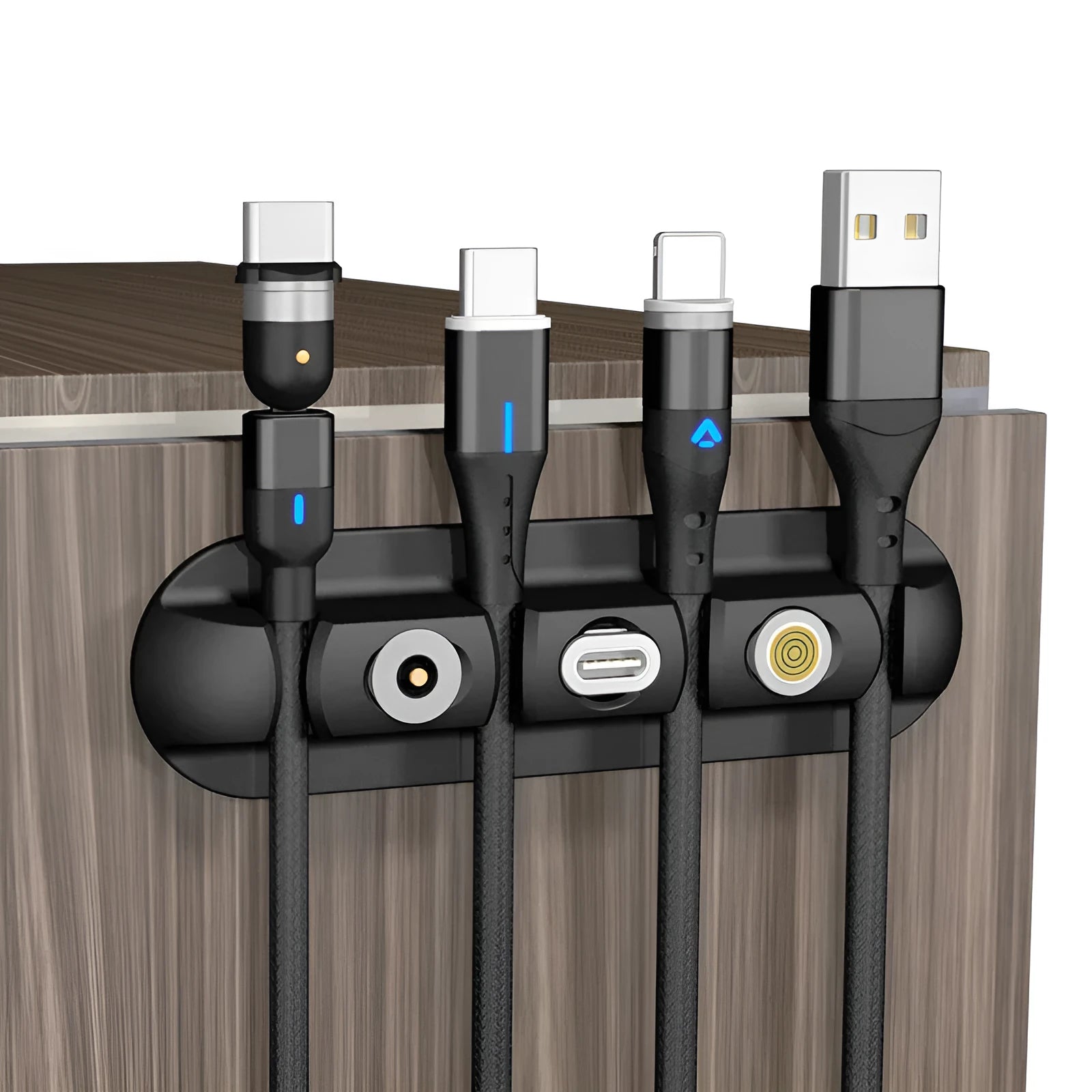 Black soft plastic desktop stand organiser for a magnetic charging cable.