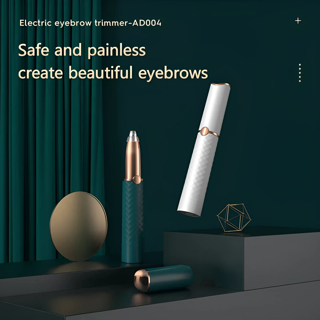 Electric eyebrow trimmer in white with LED light, rechargeable battery, and USB cable on a clean surface