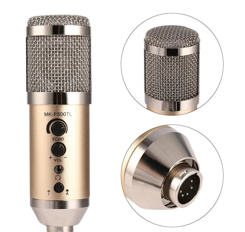Gold USB condenser microphone on tripod stand for mobile phone and computer recording