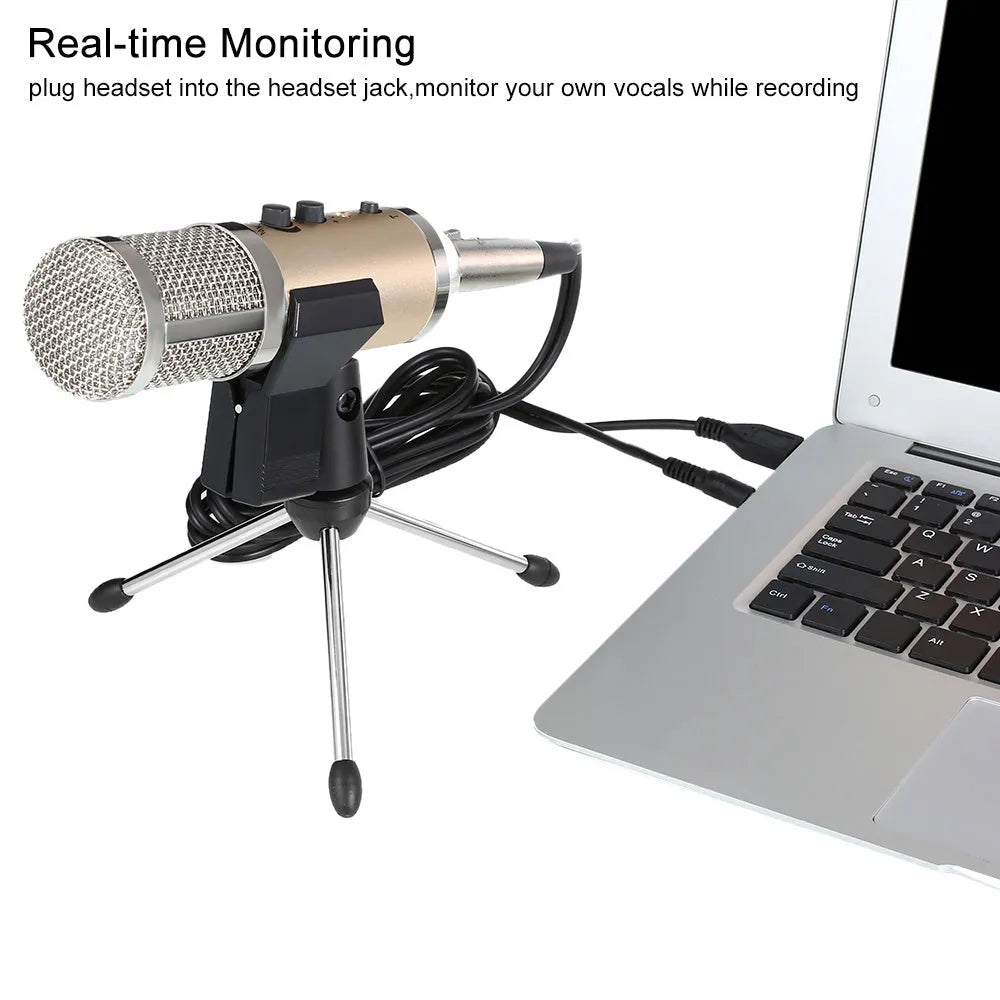 Gold USB condenser microphone on tripod stand for mobile phone and computer recording