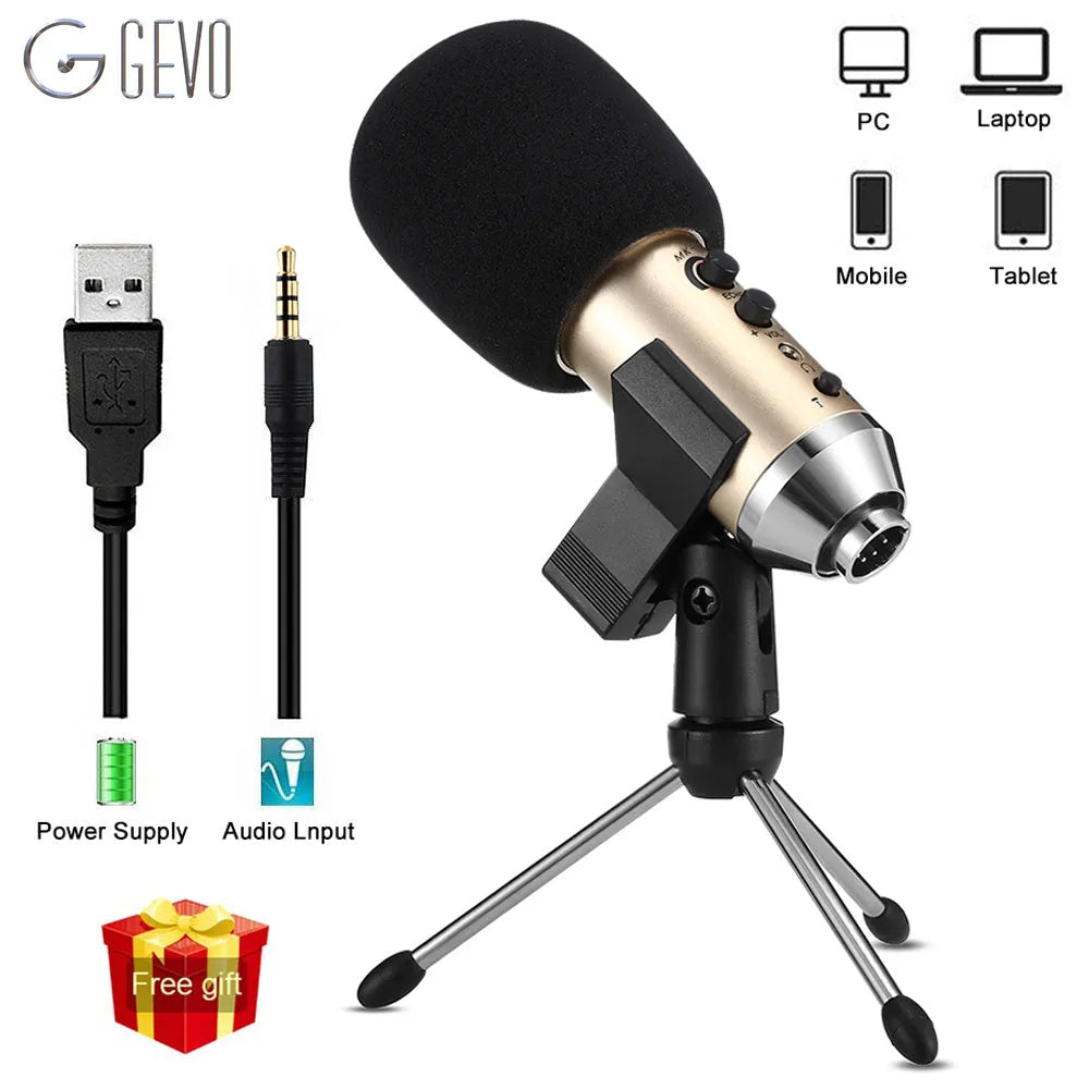 Gold USB condenser microphone on tripod stand for mobile phone and computer recording