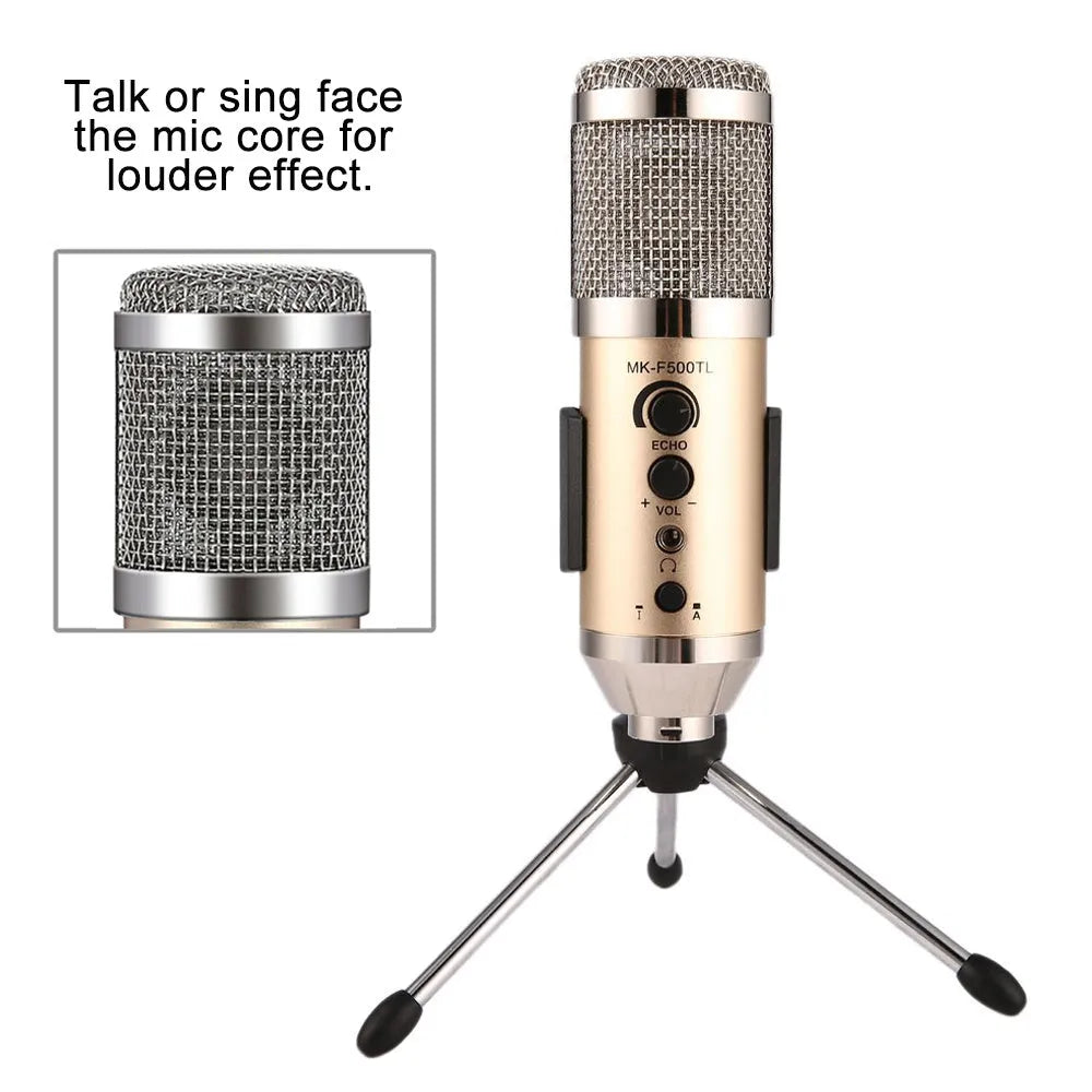 Gold USB condenser microphone on tripod stand for mobile phone and computer recording