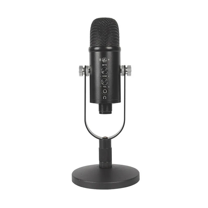 Black BM-86PRO USB condenser microphone on a metal stand with foam windscreen.