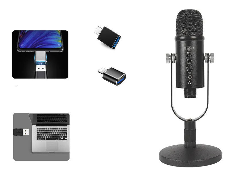 Black BM-86PRO USB condenser microphone on a metal stand with foam windscreen.