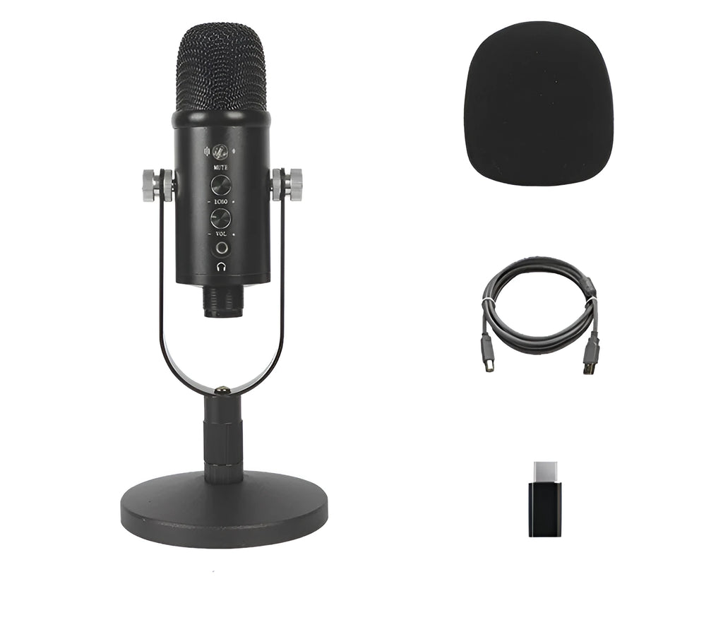 Black BM-86PRO USB condenser microphone on a metal stand with foam windscreen.