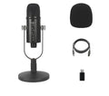 Black BM-86PRO USB condenser microphone on a metal stand with foam windscreen.