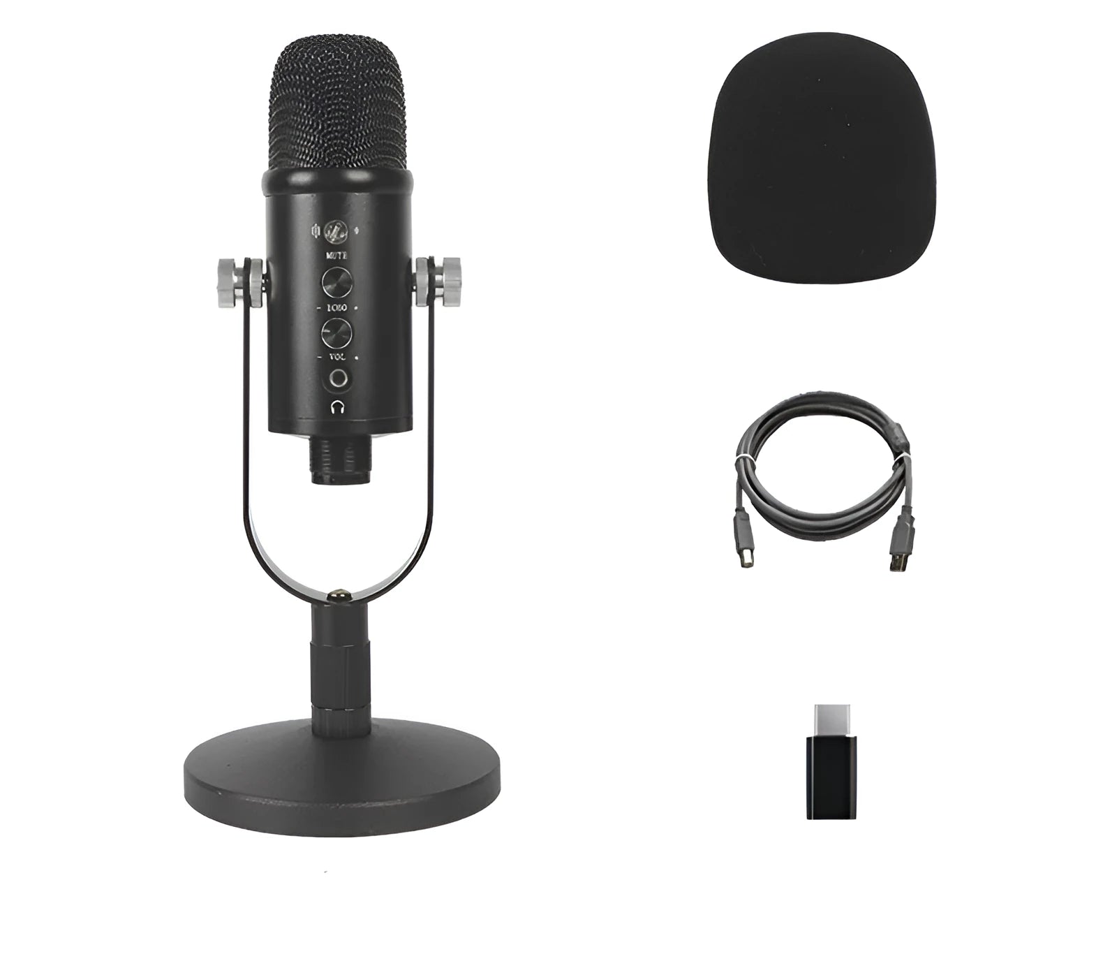 Black BM-86PRO USB condenser microphone on a metal stand with foam windscreen.