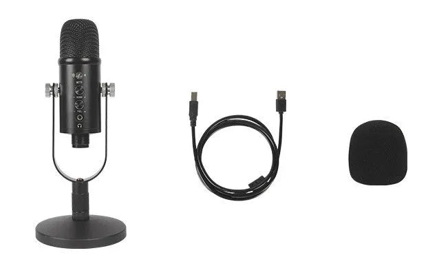 Black BM-86PRO USB condenser microphone on a metal stand with foam windscreen.