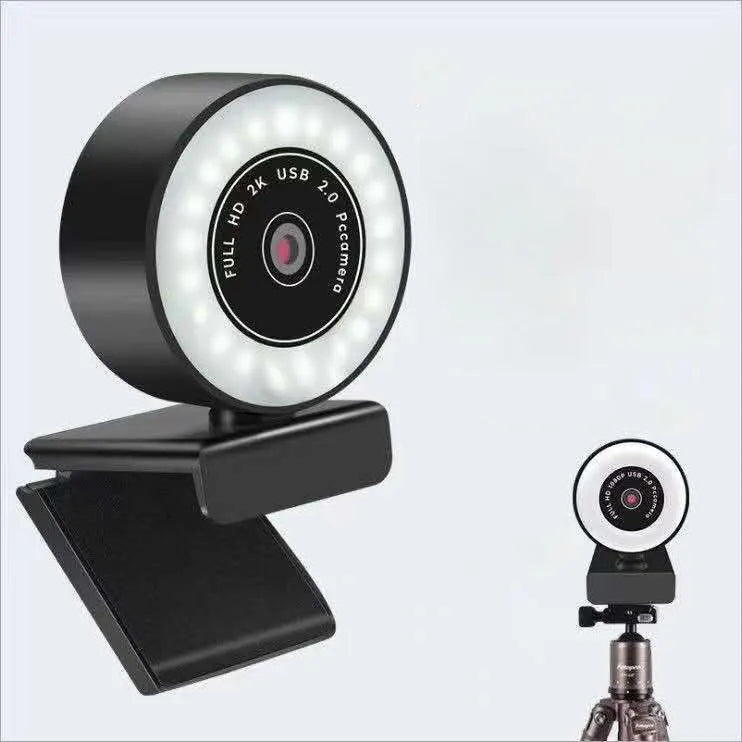 Black HD USB webcam with built-in fill light for video conferences