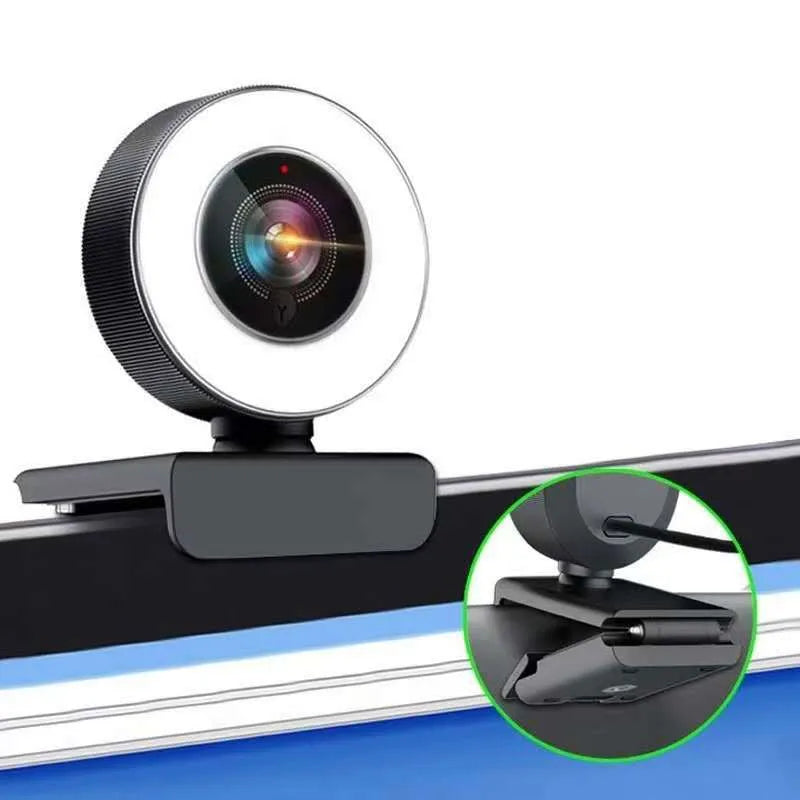 Black HD USB webcam with built-in fill light for video conferences