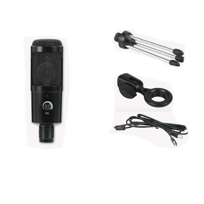 Black condenser microphone with super-cardioid pointing for computer gaming and live recording, 135x22mm with bracket