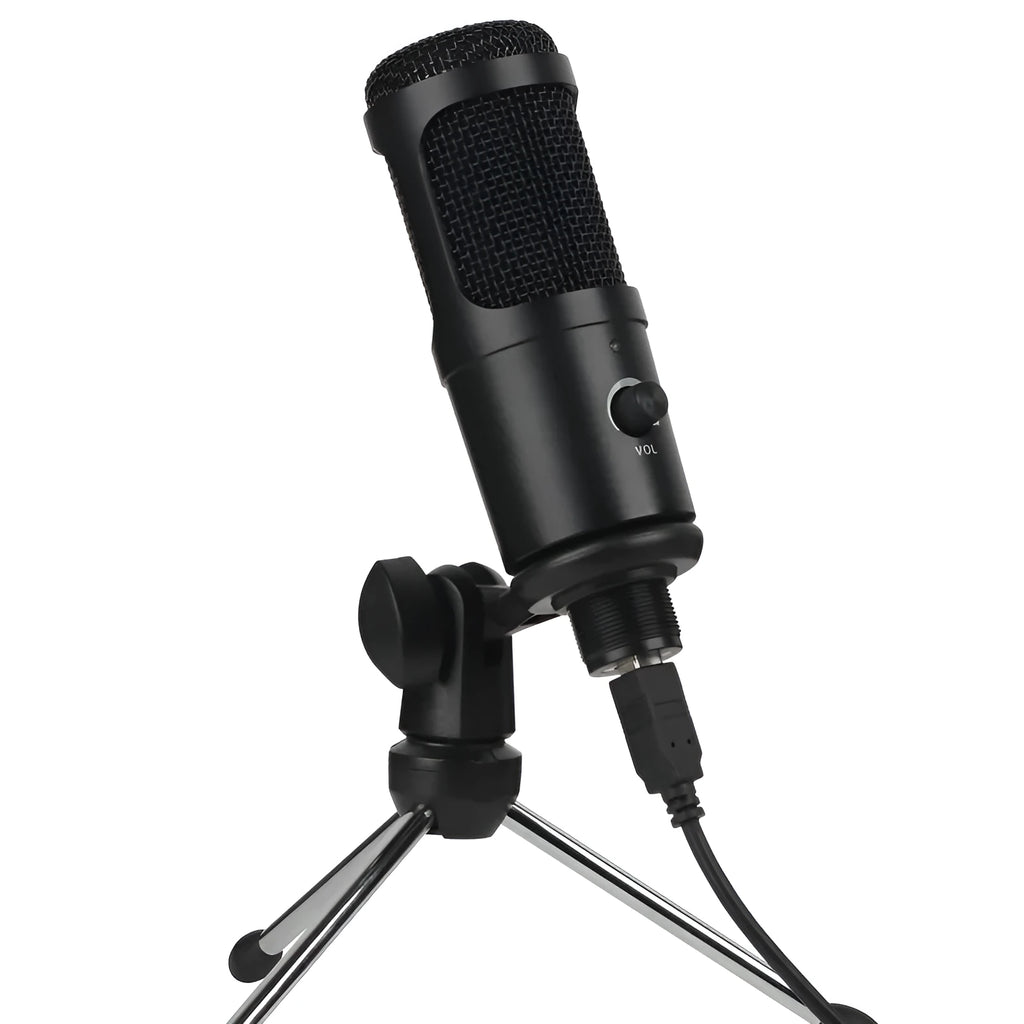 Black condenser microphone with super-cardioid pointing for computer gaming and live recording, 135x22mm with bracket