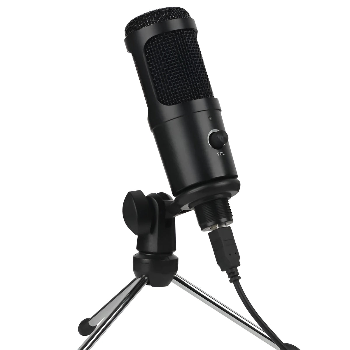 Black condenser microphone with super-cardioid pointing for computer gaming and live recording, 135x22mm with bracket