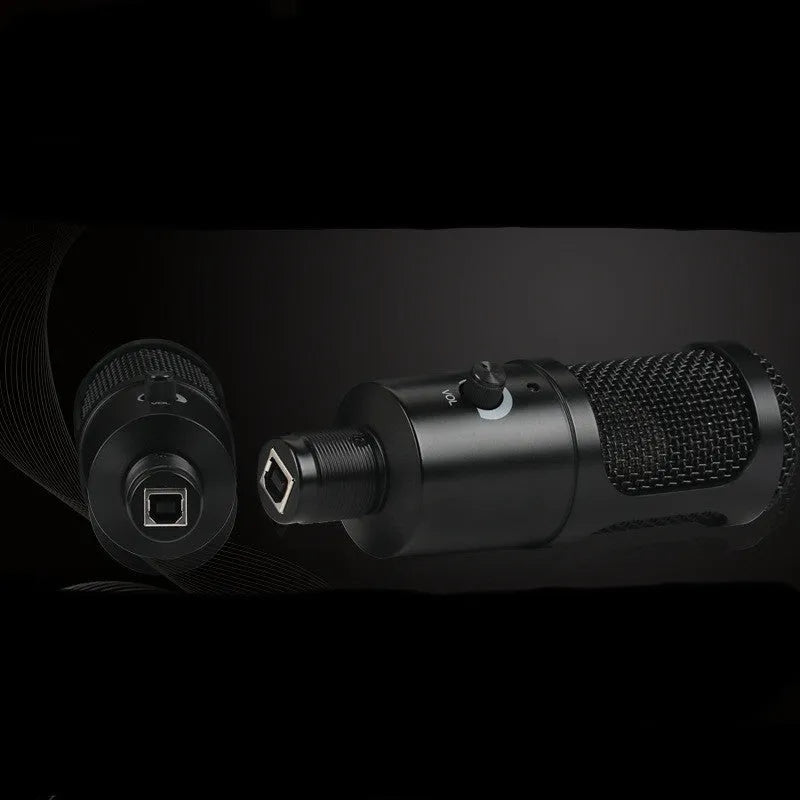 Black condenser microphone with super-cardioid pointing for computer gaming and live recording, 135x22mm with bracket